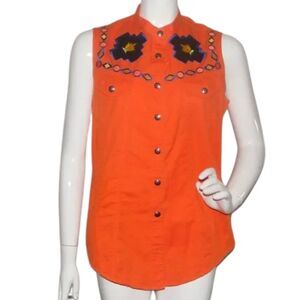 PANHANDLE SLIM Embroidered Top, L, Sleeveless, Vintage, Decorated, Orange